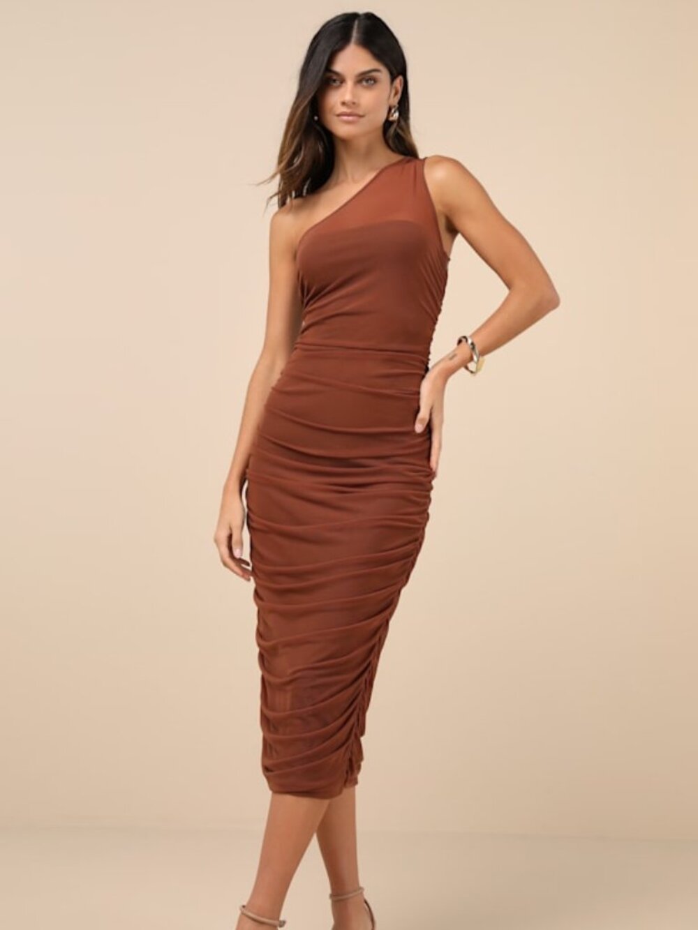 Lulus Kiden Brown Mesh Ruched One-shoulder Midi Dress - Size L